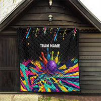 Custom Bowling Strike Design Quilt Colorful Pins and Purple Ball in Abstract Splatter Art Style - Wonder Print Shop