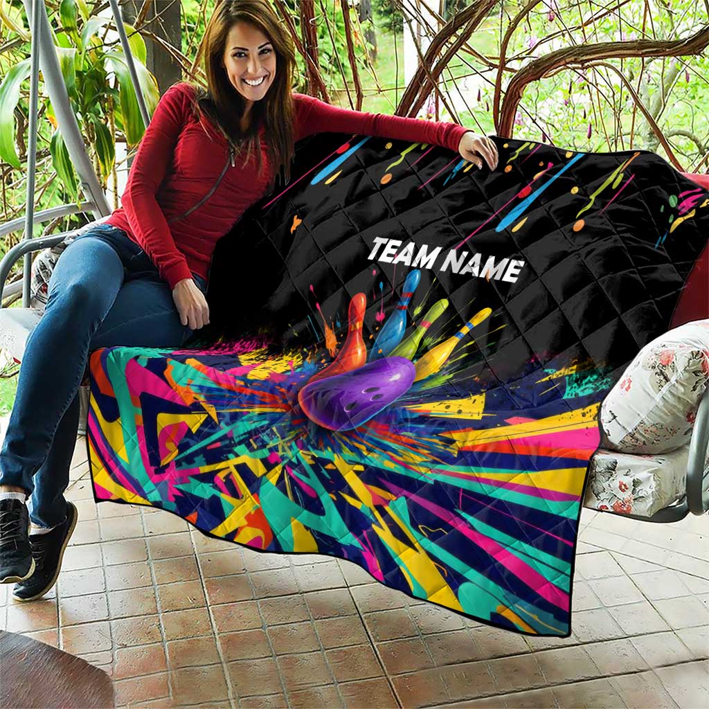 Custom Bowling Strike Design Quilt Colorful Pins and Purple Ball in Abstract Splatter Art Style - Wonder Print Shop