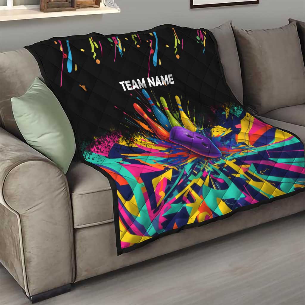 Custom Bowling Strike Design Quilt Colorful Pins and Purple Ball in Abstract Splatter Art Style - Wonder Print Shop