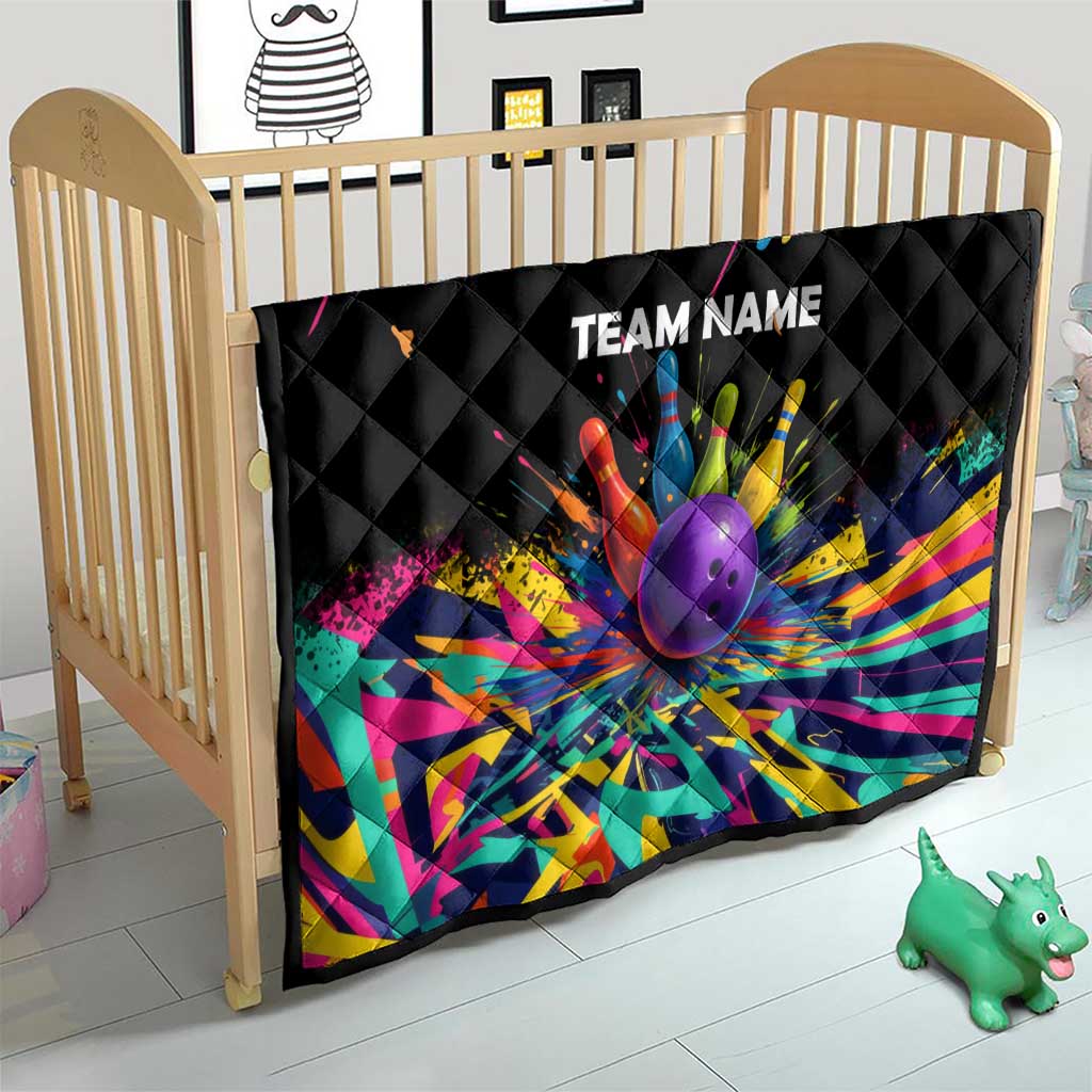 Custom Bowling Strike Design Quilt Colorful Pins and Purple Ball in Abstract Splatter Art Style - Wonder Print Shop