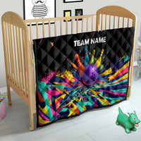 Custom Bowling Strike Design Quilt Colorful Pins and Purple Ball in Abstract Splatter Art Style - Wonder Print Shop