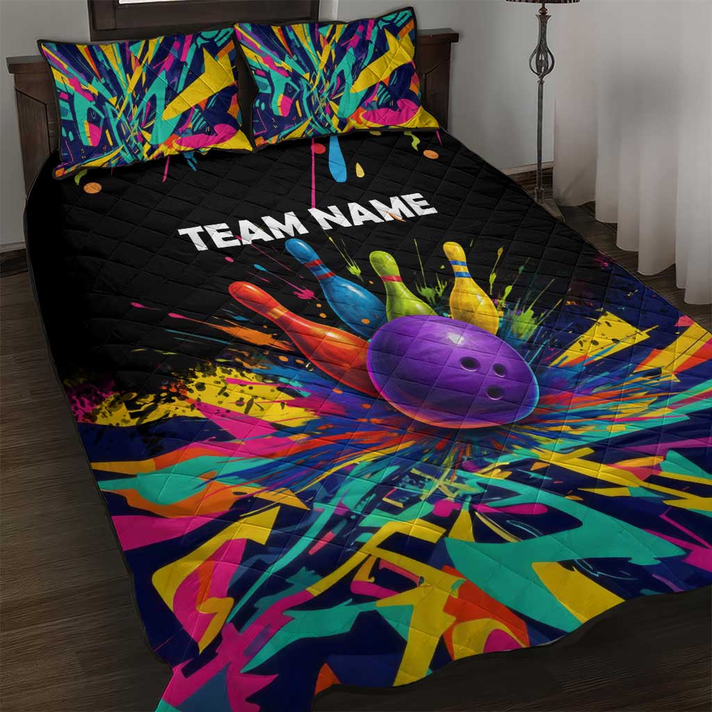 Custom Bowling Strike Design Quilt Bed Set Colorful Pins and Purple Ball in Abstract Splatter Art Style - Wonder Print Shop