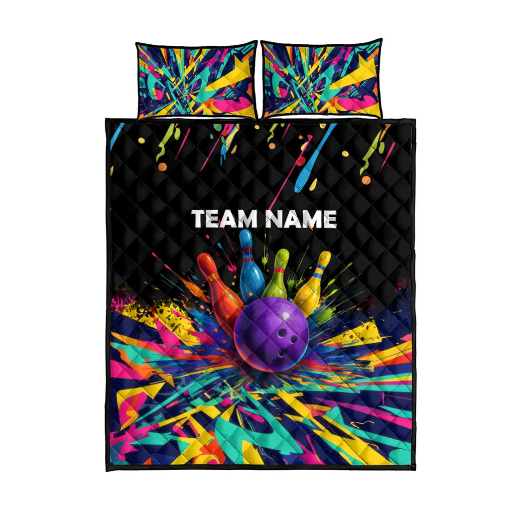 Custom Bowling Strike Design Quilt Bed Set Colorful Pins and Purple Ball in Abstract Splatter Art Style - Wonder Print Shop