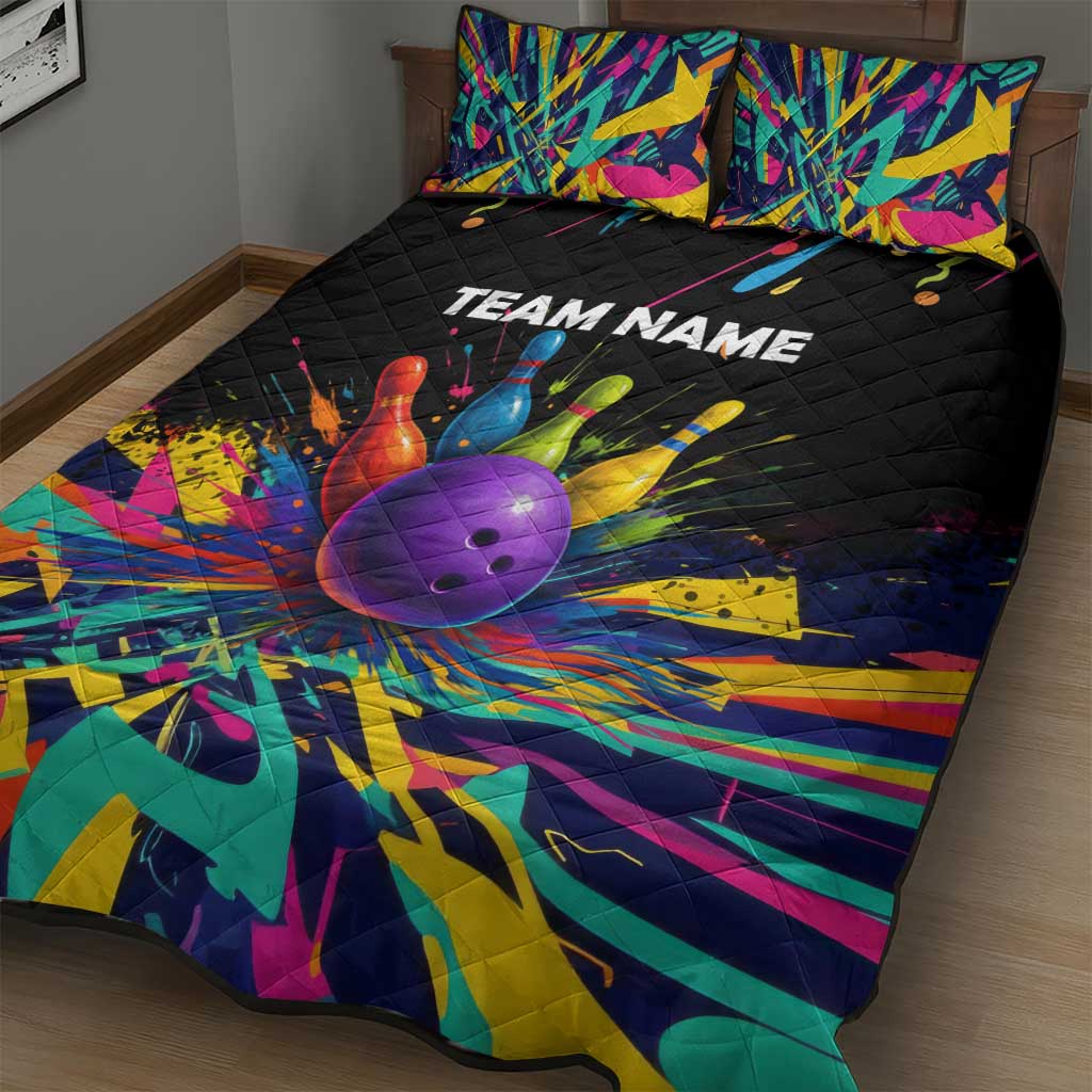 Custom Bowling Strike Design Quilt Bed Set Colorful Pins and Purple Ball in Abstract Splatter Art Style - Wonder Print Shop