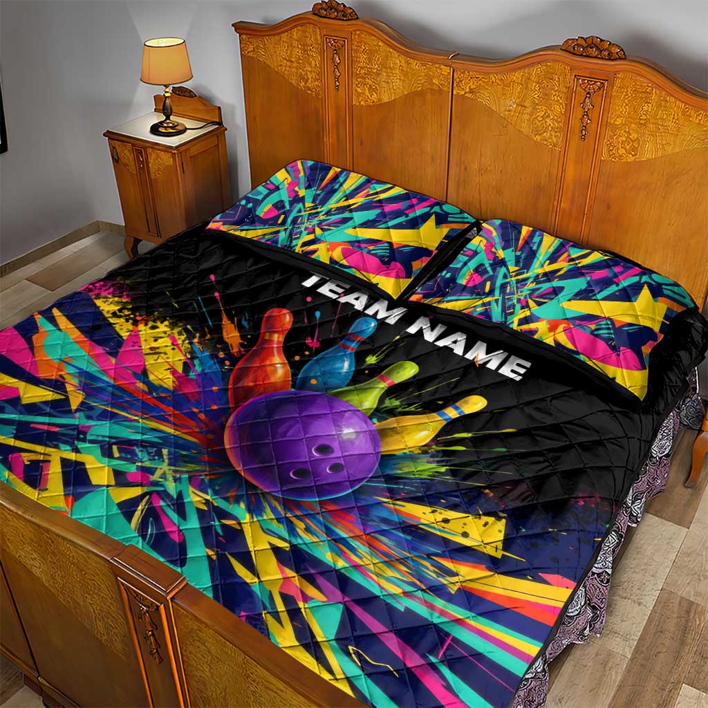 Custom Bowling Strike Design Quilt Bed Set Colorful Pins and Purple Ball in Abstract Splatter Art Style - Wonder Print Shop
