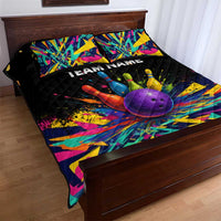 Custom Bowling Strike Design Quilt Bed Set Colorful Pins and Purple Ball in Abstract Splatter Art Style - Wonder Print Shop