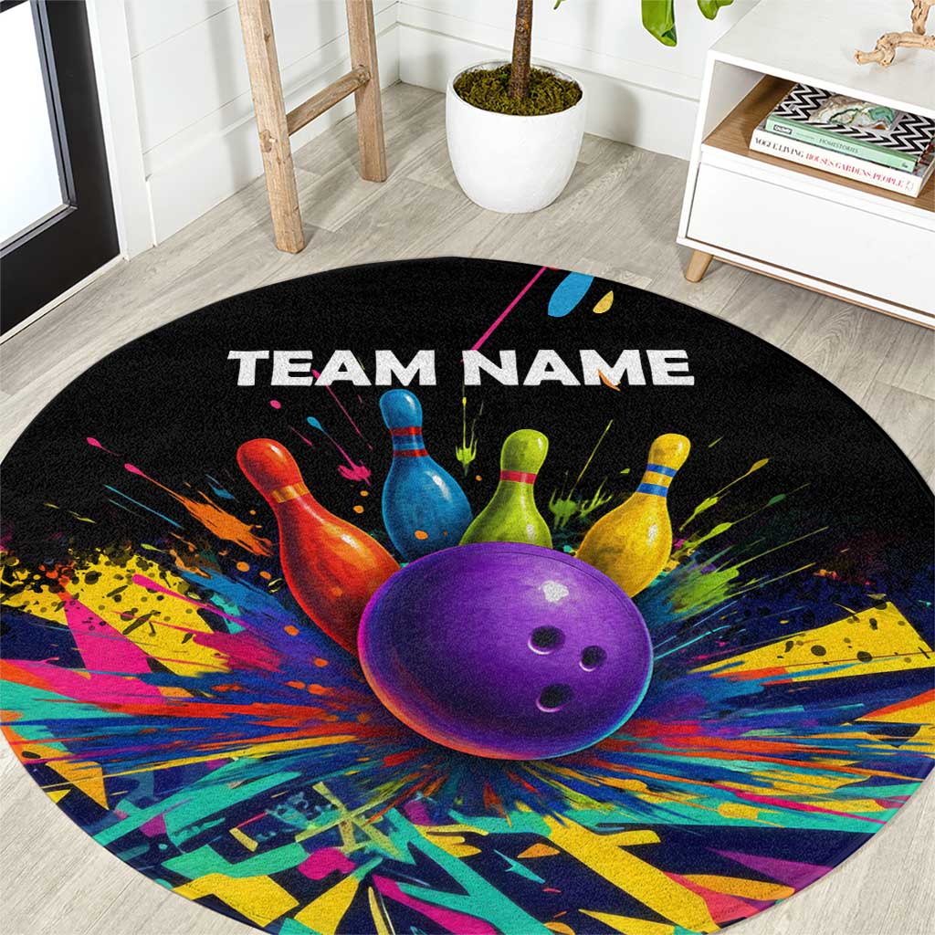 Custom Bowling Strike Design Round Carpet Colorful Pins and Purple Ball in Abstract Splatter Art Style - Wonder Print Shop