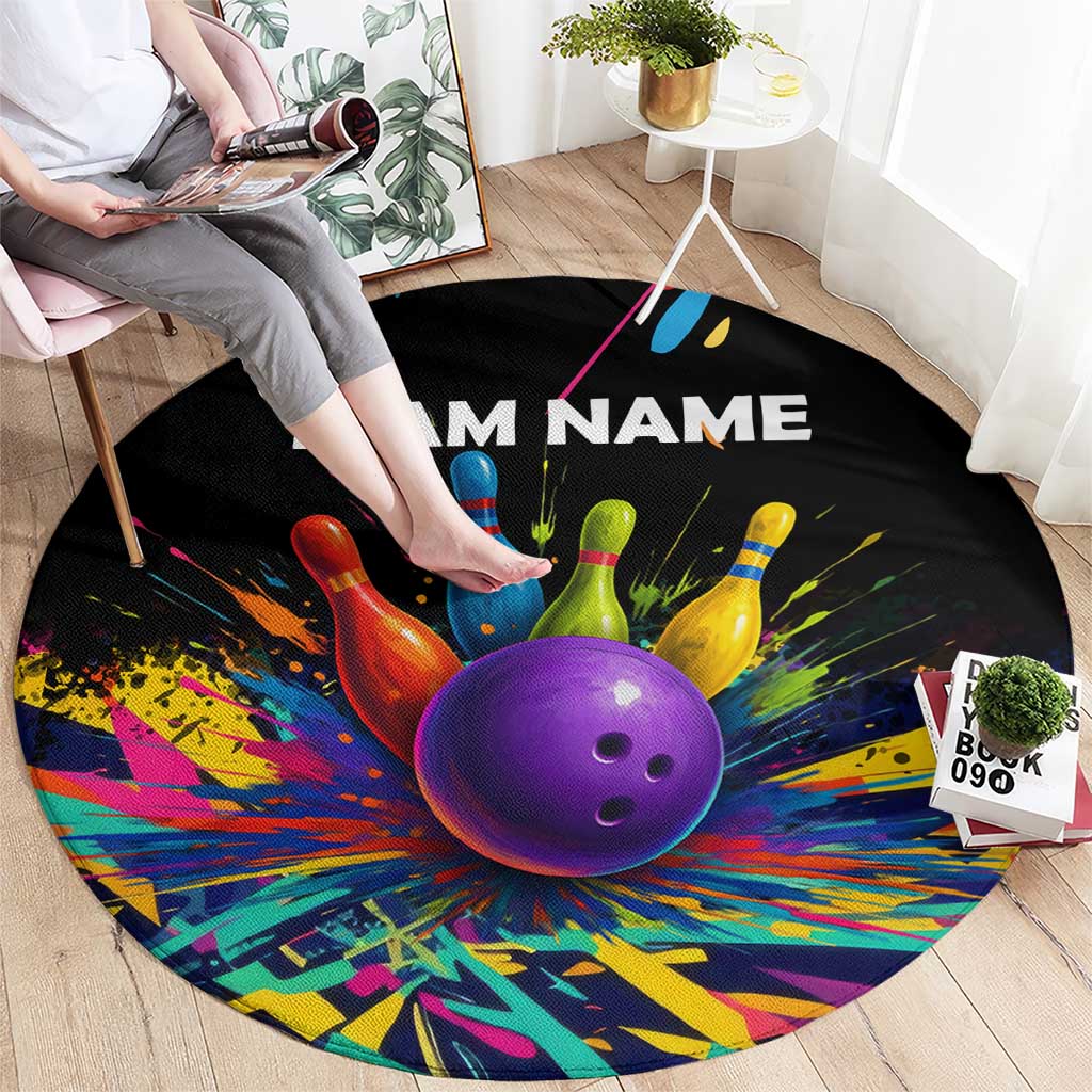 Custom Bowling Strike Design Round Carpet Colorful Pins and Purple Ball in Abstract Splatter Art Style - Wonder Print Shop