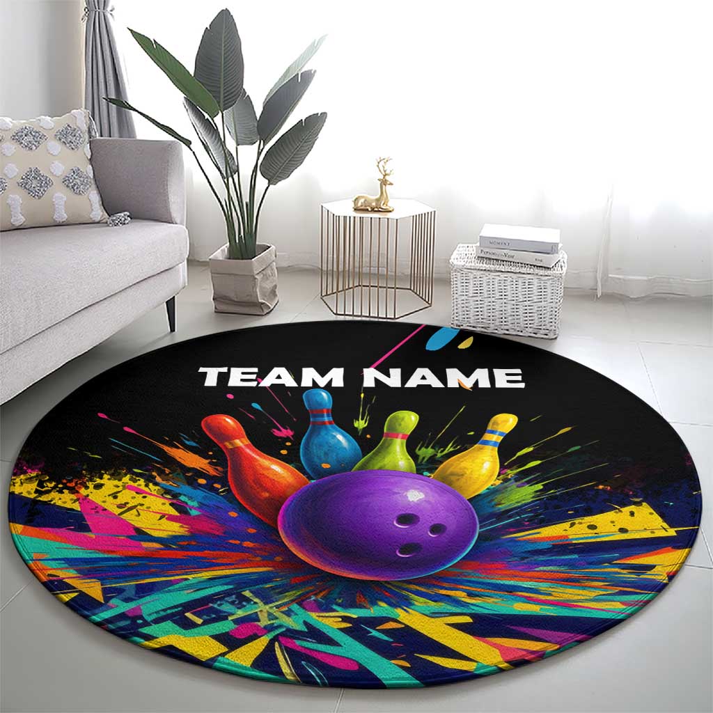 Custom Bowling Strike Design Round Carpet Colorful Pins and Purple Ball in Abstract Splatter Art Style - Wonder Print Shop