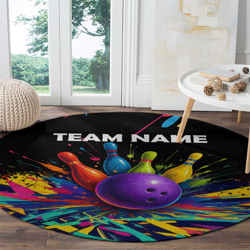 Custom Bowling Strike Design Round Carpet Colorful Pins and Purple Ball in Abstract Splatter Art Style - Wonder Print Shop