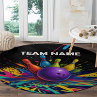 Custom Bowling Strike Design Round Carpet Colorful Pins and Purple Ball in Abstract Splatter Art Style - Wonder Print Shop