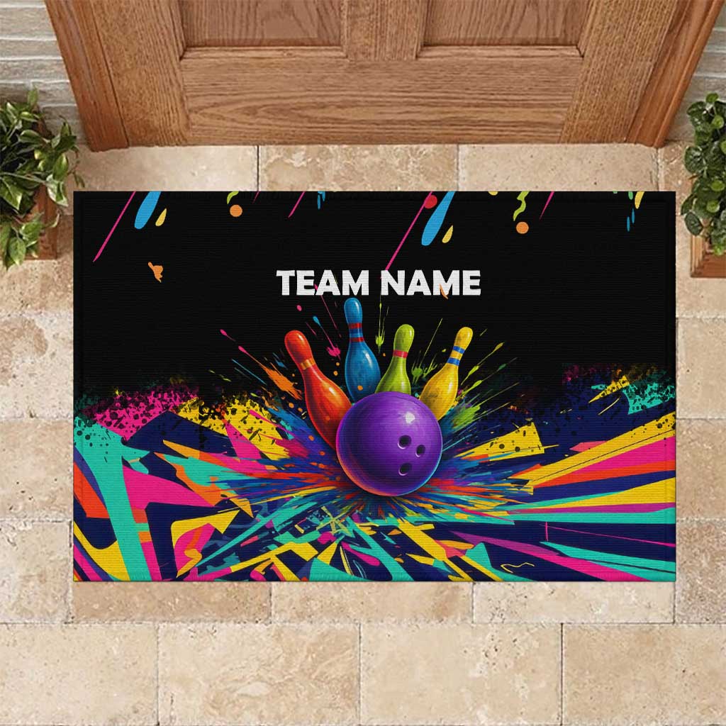 Custom Bowling Strike Design Rubber Doormat Colorful Pins and Purple Ball in Abstract Splatter Art Style - Wonder Print Shop