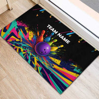 Custom Bowling Strike Design Rubber Doormat Colorful Pins and Purple Ball in Abstract Splatter Art Style - Wonder Print Shop