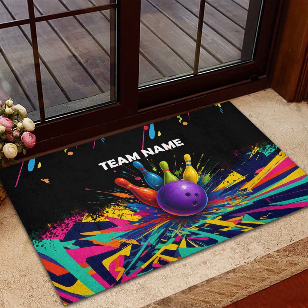 Custom Bowling Strike Design Rubber Doormat Colorful Pins and Purple Ball in Abstract Splatter Art Style - Wonder Print Shop