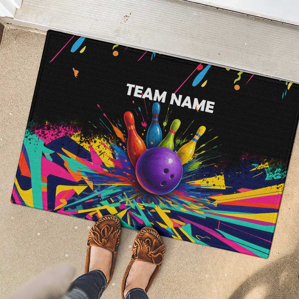 Custom Bowling Strike Design Rubber Doormat Colorful Pins and Purple Ball in Abstract Splatter Art Style - Wonder Print Shop