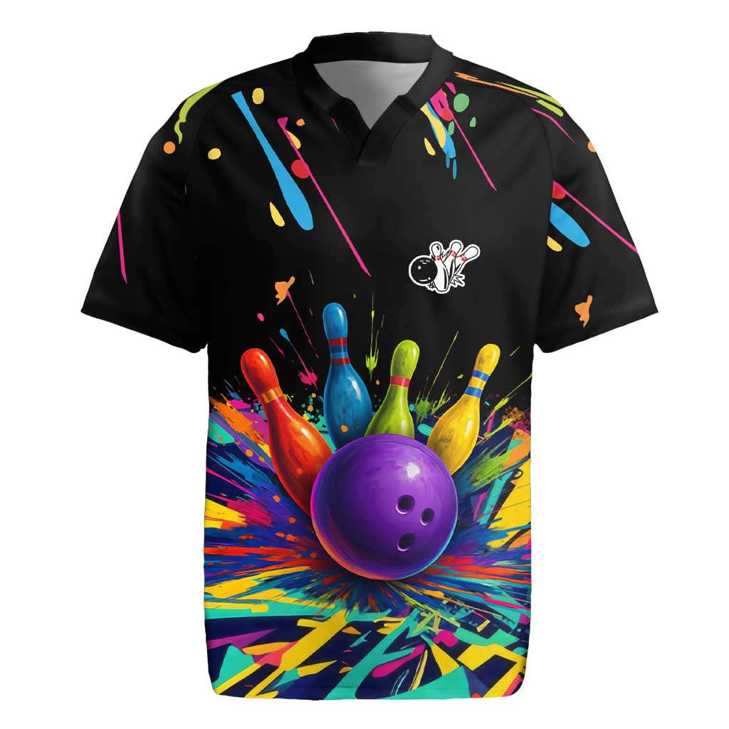 Custom Bowling Strike Design Rugby Jersey Colorful Pins and Purple Ball in Abstract Splatter Art Style - Wonder Print Shop
