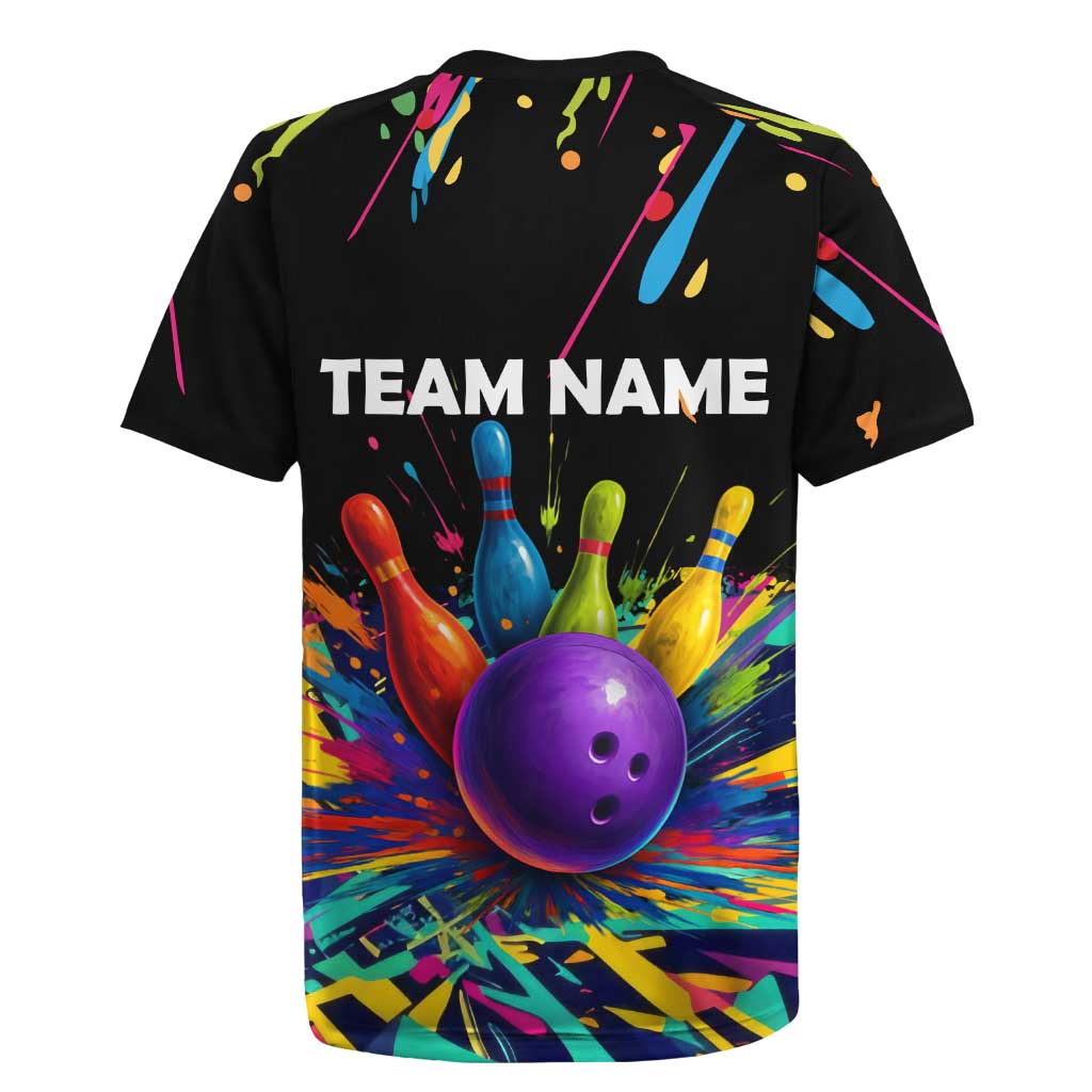Custom Bowling Strike Design Rugby Jersey Colorful Pins and Purple Ball in Abstract Splatter Art Style - Wonder Print Shop