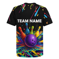 Custom Bowling Strike Design Rugby Jersey Colorful Pins and Purple Ball in Abstract Splatter Art Style - Wonder Print Shop