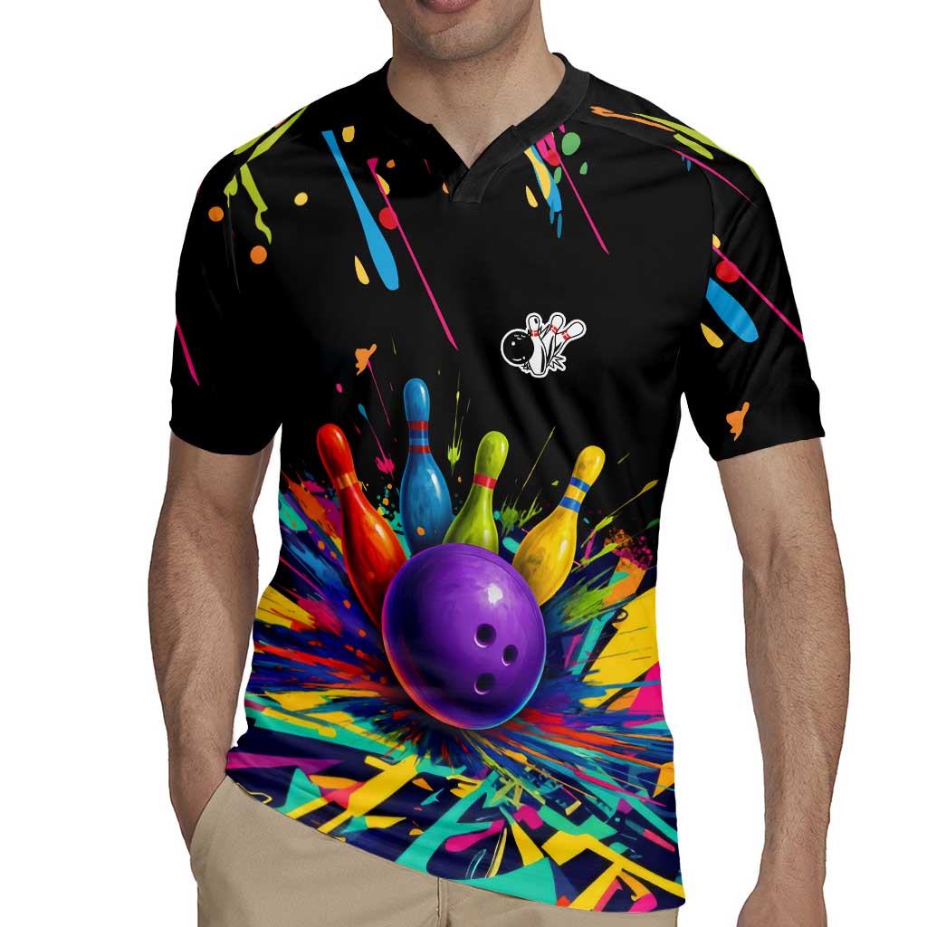 Custom Bowling Strike Design Rugby Jersey Colorful Pins and Purple Ball in Abstract Splatter Art Style - Wonder Print Shop