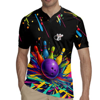 Custom Bowling Strike Design Rugby Jersey Colorful Pins and Purple Ball in Abstract Splatter Art Style - Wonder Print Shop