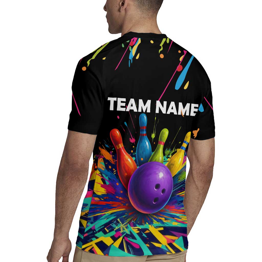 Custom Bowling Strike Design Rugby Jersey Colorful Pins and Purple Ball in Abstract Splatter Art Style - Wonder Print Shop