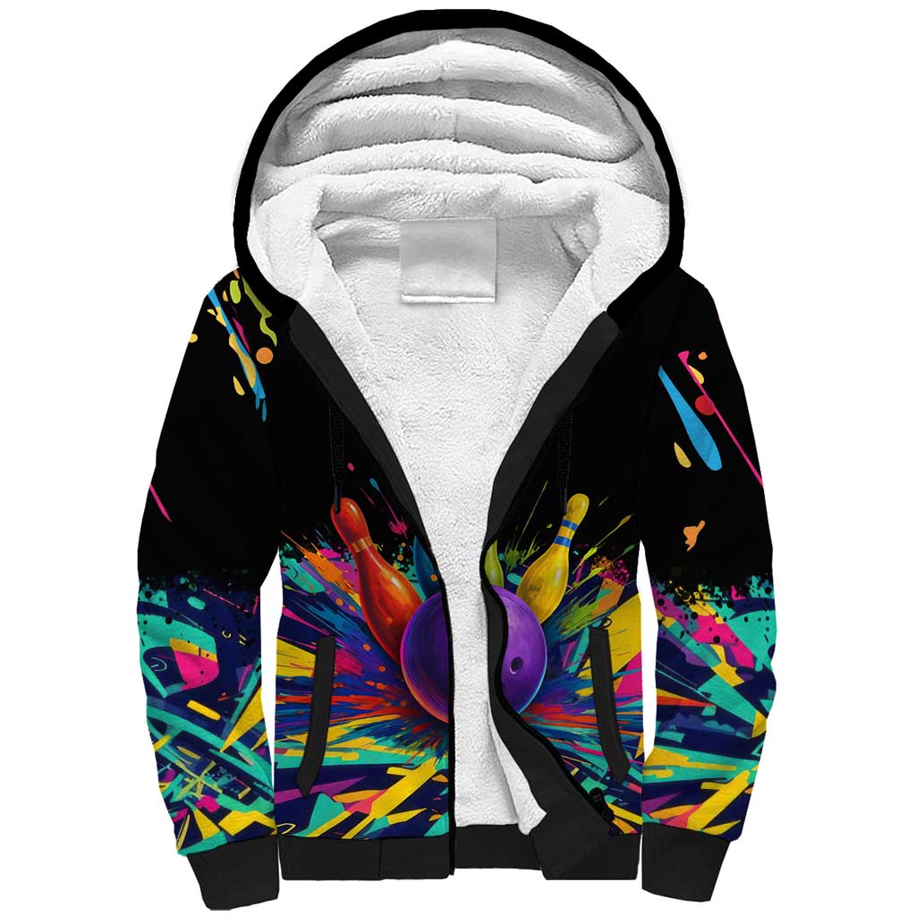 Custom Bowling Strike Design Sherpa Hoodie Colorful Pins and Purple Ball in Abstract Splatter Art Style - Wonder Print Shop