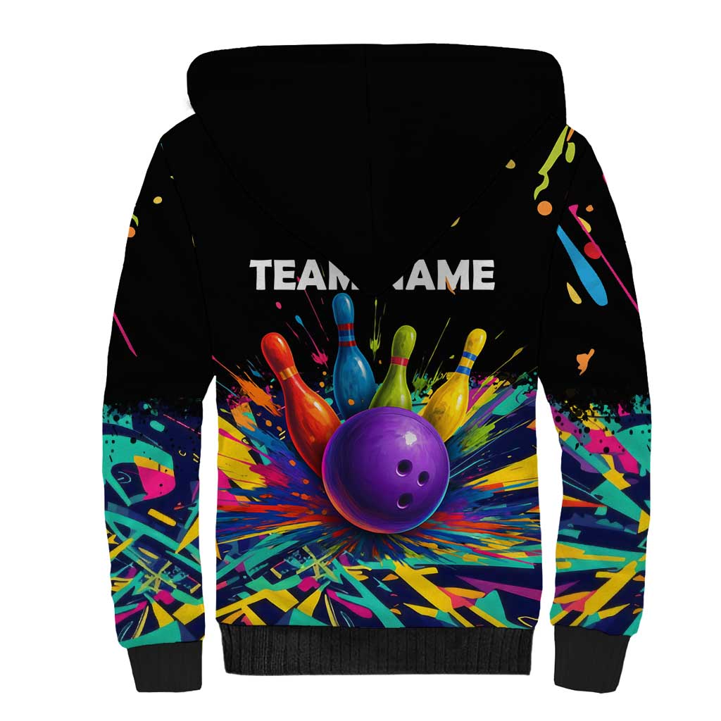 Custom Bowling Strike Design Sherpa Hoodie Colorful Pins and Purple Ball in Abstract Splatter Art Style - Wonder Print Shop