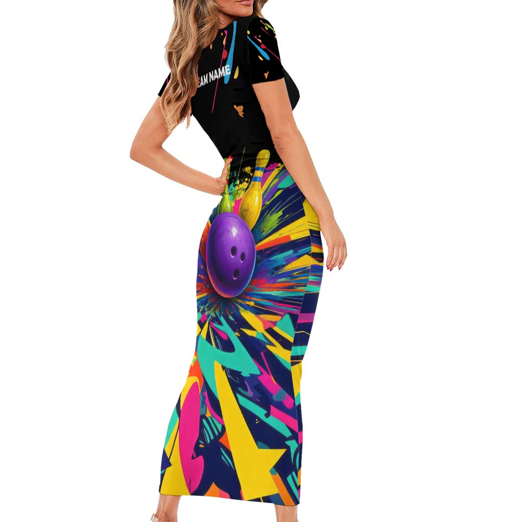 Custom Bowling Strike Design Short Sleeve Bodycon Dress Colorful Pins and Purple Ball in Abstract Splatter Art Style - Wonder Print Shop