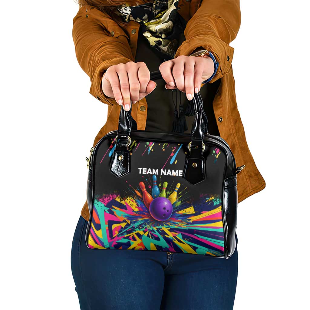 Custom Bowling Strike Design Shoulder Handbag Colorful Pins and Purple Ball in Abstract Splatter Art Style - Wonder Print Shop