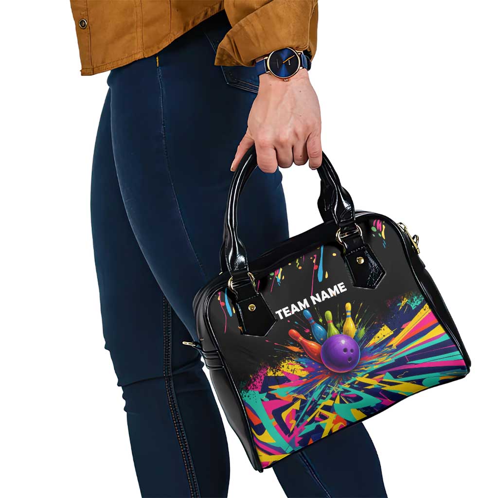 Custom Bowling Strike Design Shoulder Handbag Colorful Pins and Purple Ball in Abstract Splatter Art Style - Wonder Print Shop