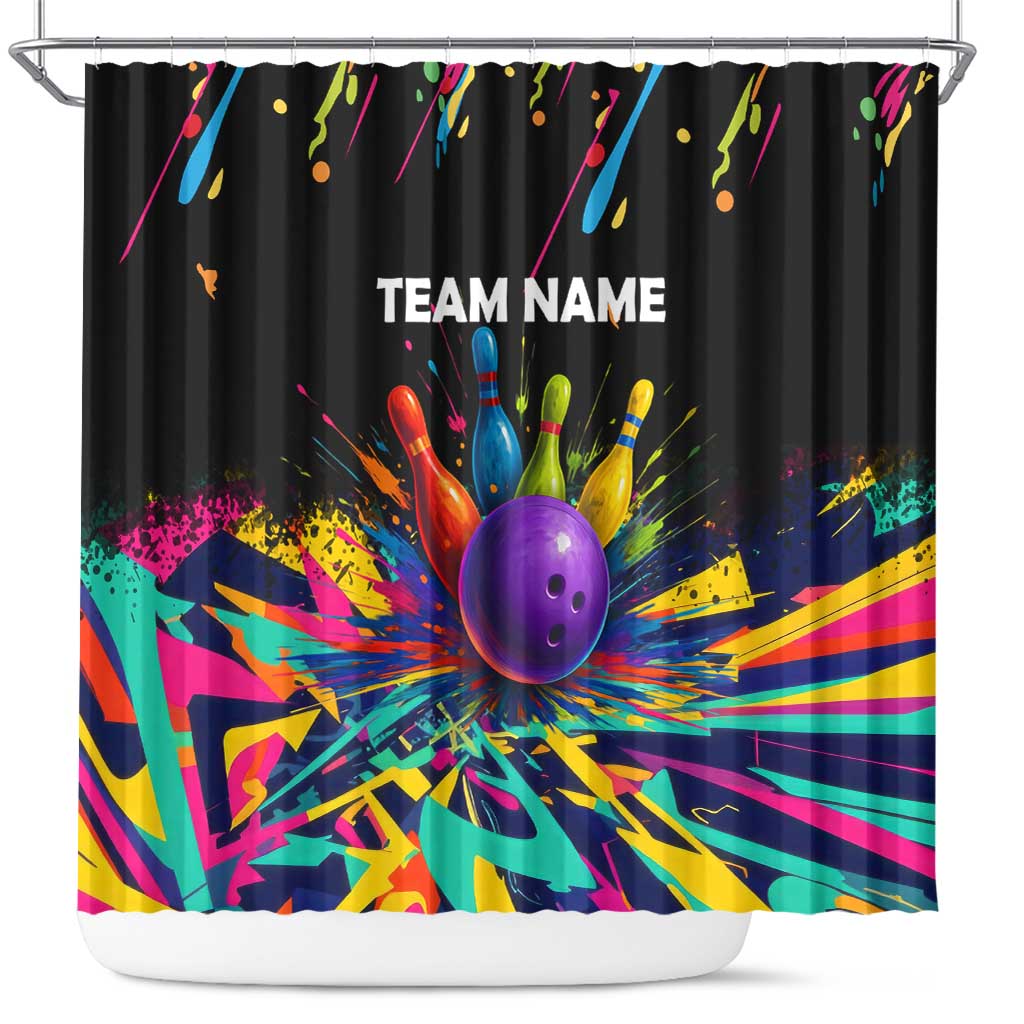 Custom Bowling Strike Design Shower Curtain Colorful Pins and Purple Ball in Abstract Splatter Art Style - Wonder Print Shop
