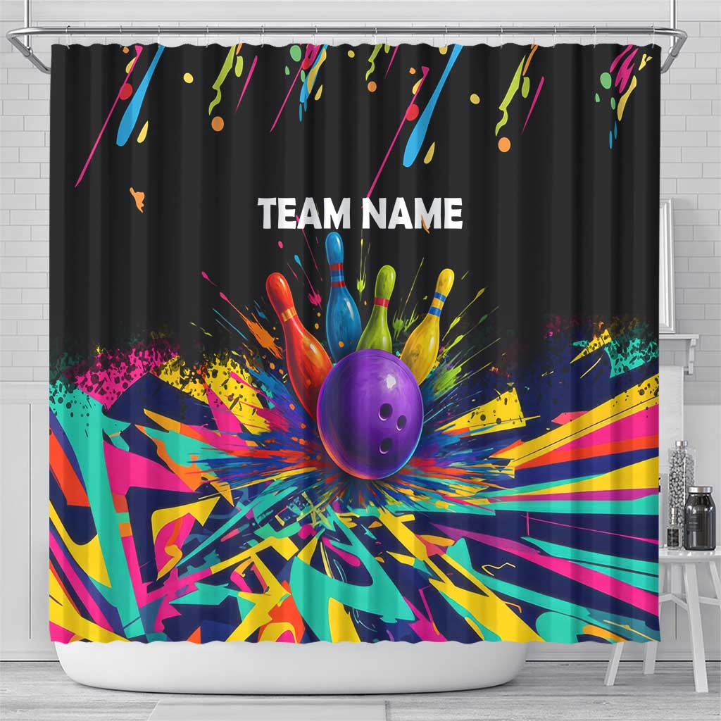 Custom Bowling Strike Design Shower Curtain Colorful Pins and Purple Ball in Abstract Splatter Art Style - Wonder Print Shop