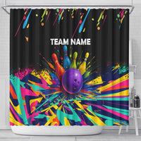 Custom Bowling Strike Design Shower Curtain Colorful Pins and Purple Ball in Abstract Splatter Art Style - Wonder Print Shop