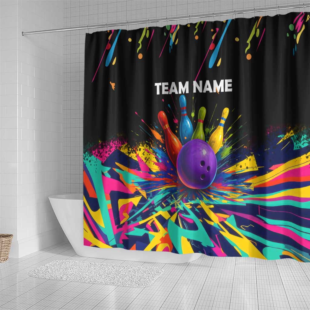 Custom Bowling Strike Design Shower Curtain Colorful Pins and Purple Ball in Abstract Splatter Art Style - Wonder Print Shop