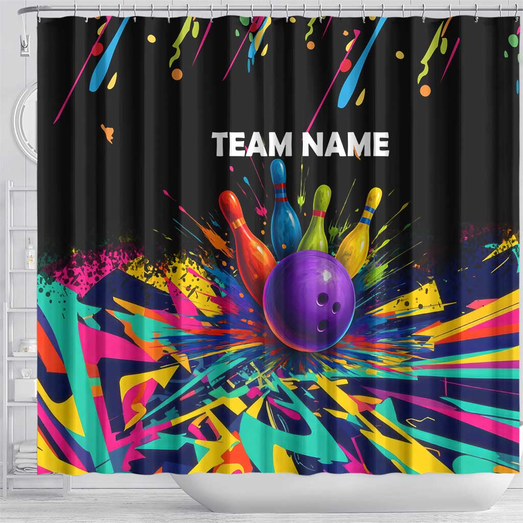 Custom Bowling Strike Design Shower Curtain Colorful Pins and Purple Ball in Abstract Splatter Art Style - Wonder Print Shop