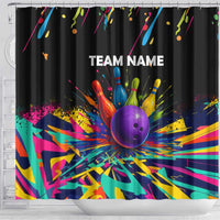 Custom Bowling Strike Design Shower Curtain Colorful Pins and Purple Ball in Abstract Splatter Art Style - Wonder Print Shop