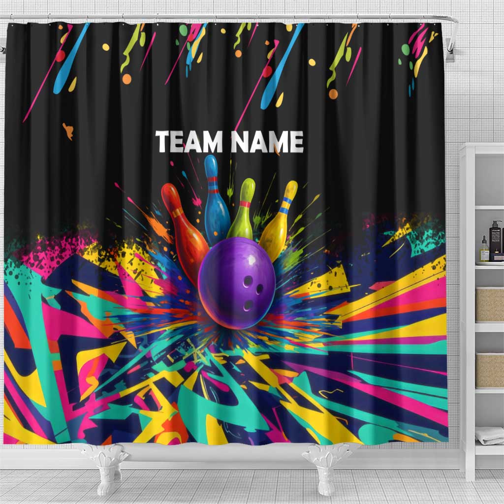 Custom Bowling Strike Design Shower Curtain Colorful Pins and Purple Ball in Abstract Splatter Art Style - Wonder Print Shop