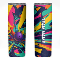 Custom Bowling Strike Design Skinny Tumbler Colorful Pins and Purple Ball in Abstract Splatter Art Style - Wonder Print Shop