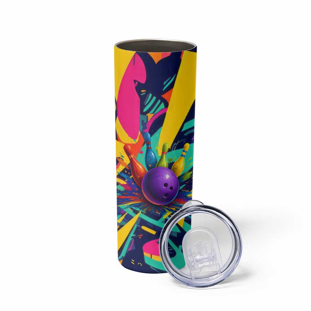 Custom Bowling Strike Design Skinny Tumbler Colorful Pins and Purple Ball in Abstract Splatter Art Style - Wonder Print Shop