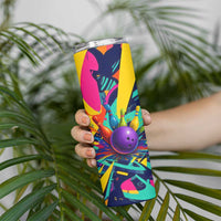 Custom Bowling Strike Design Skinny Tumbler Colorful Pins and Purple Ball in Abstract Splatter Art Style - Wonder Print Shop
