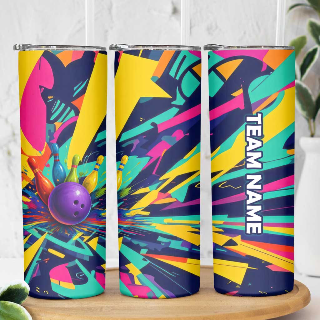 Custom Bowling Strike Design Skinny Tumbler Colorful Pins and Purple Ball in Abstract Splatter Art Style - Wonder Print Shop