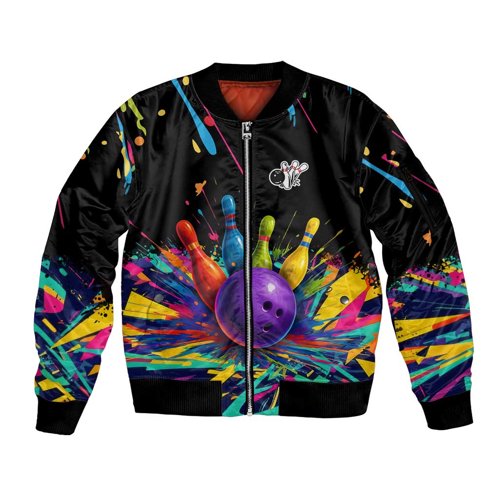Custom Bowling Strike Design Sleeve Zip Bomber Jacket Colorful Pins and Purple Ball in Abstract Splatter Art Style - Wonder Print Shop