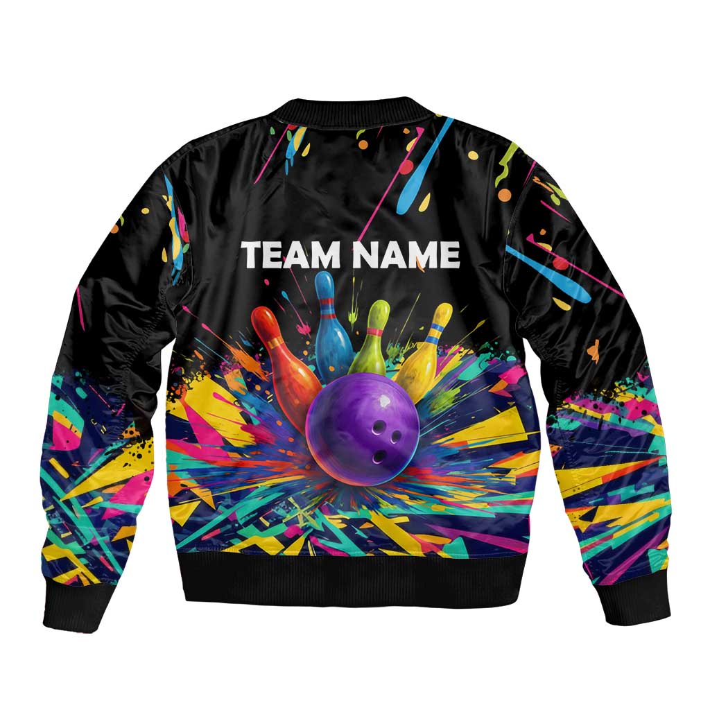 Custom Bowling Strike Design Sleeve Zip Bomber Jacket Colorful Pins and Purple Ball in Abstract Splatter Art Style - Wonder Print Shop
