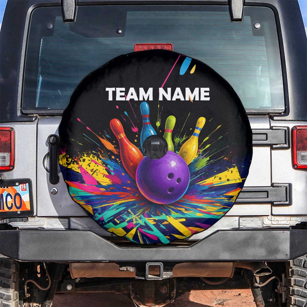Custom Bowling Strike Design Spare Tire Cover Colorful Pins and Purple Ball in Abstract Splatter Art Style - Wonder Print Shop