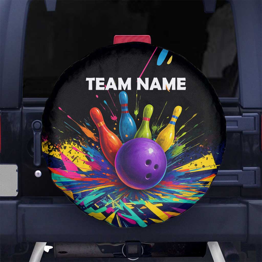 Custom Bowling Strike Design Spare Tire Cover Colorful Pins and Purple Ball in Abstract Splatter Art Style - Wonder Print Shop