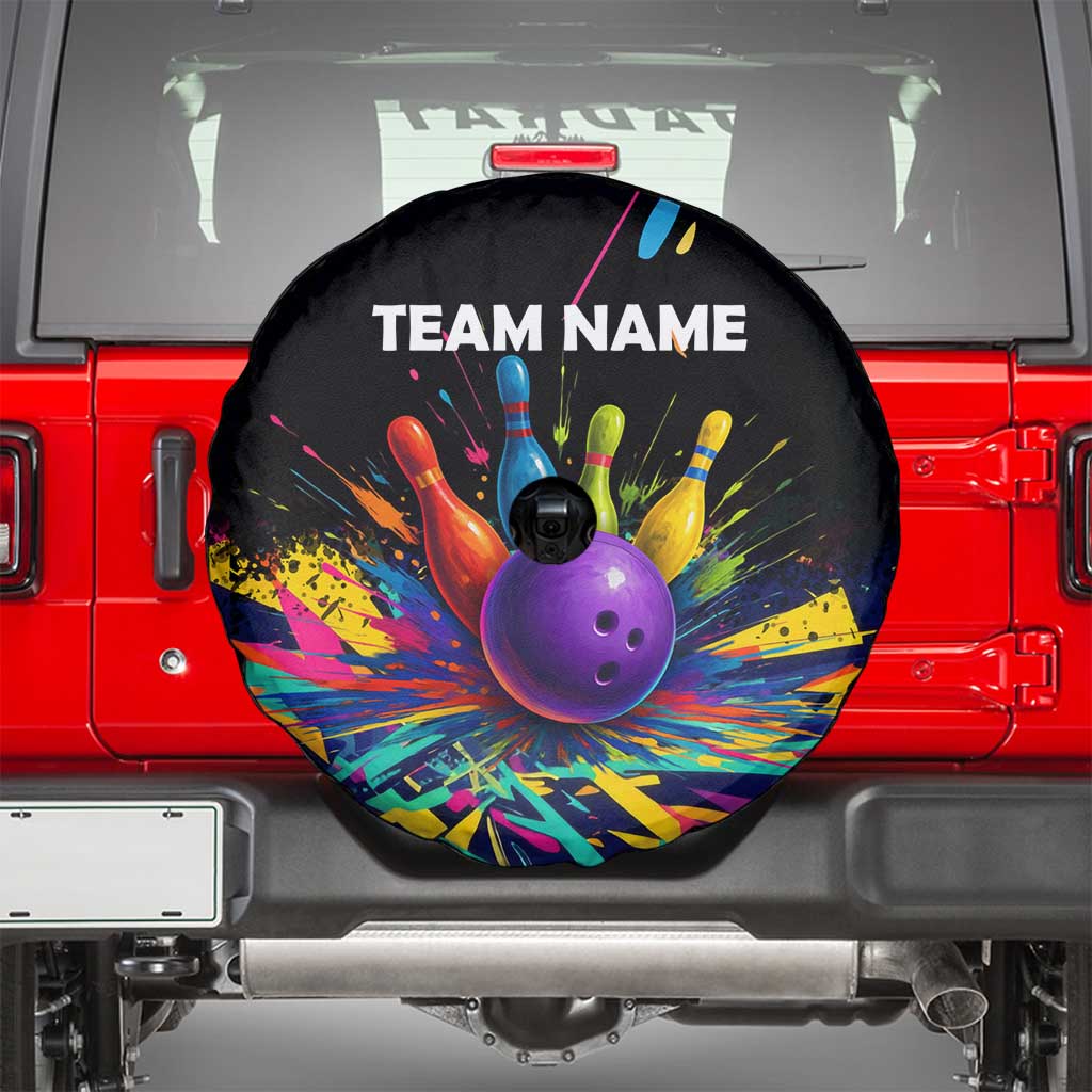 Custom Bowling Strike Design Spare Tire Cover Colorful Pins and Purple Ball in Abstract Splatter Art Style - Wonder Print Shop