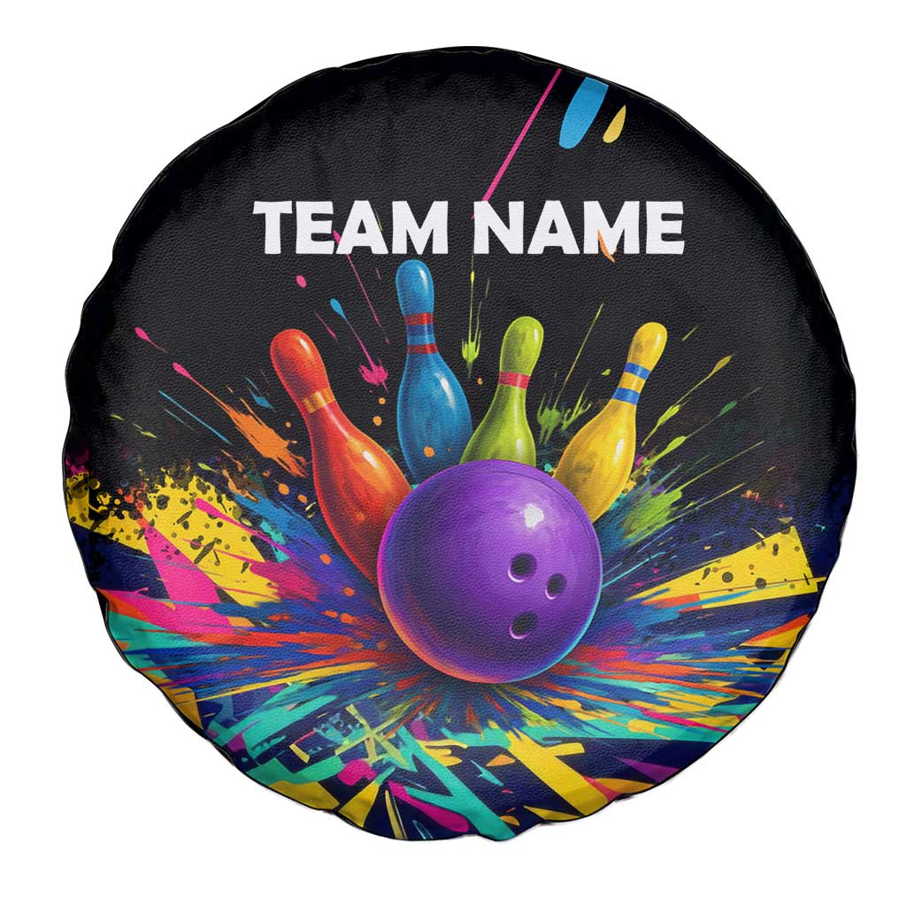 Custom Bowling Strike Design Spare Tire Cover Colorful Pins and Purple Ball in Abstract Splatter Art Style - Wonder Print Shop