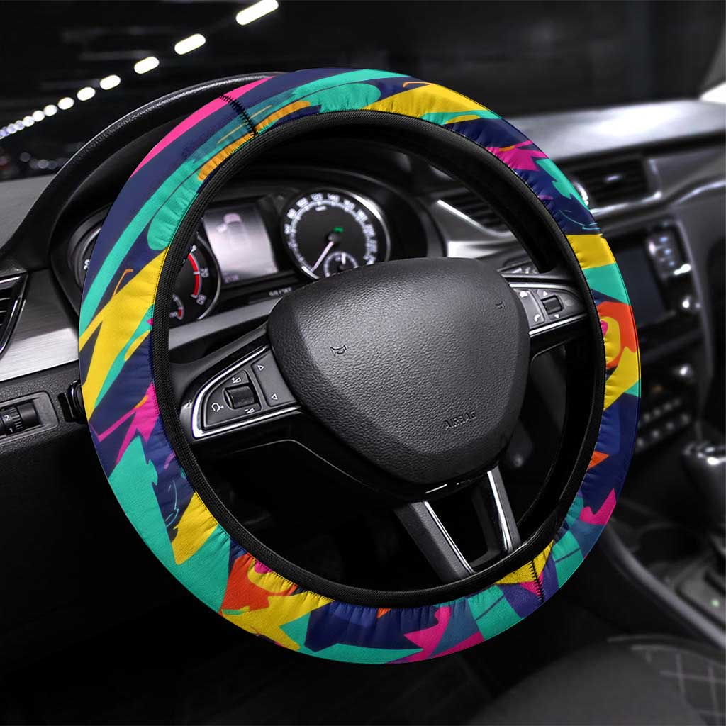 Bowling Strike Design Steering Wheel Cover Colorful Pins and Purple Ball in Abstract Splatter Art Style - Wonder Print Shop