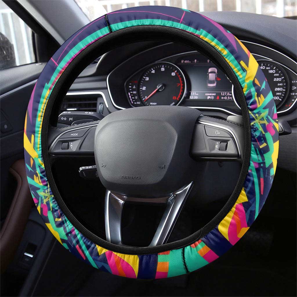 Bowling Strike Design Steering Wheel Cover Colorful Pins and Purple Ball in Abstract Splatter Art Style - Wonder Print Shop