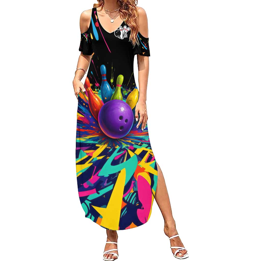 Custom Bowling Strike Design Summer Maxi Dress Colorful Pins and Purple Ball in Abstract Splatter Art Style - Wonder Print Shop